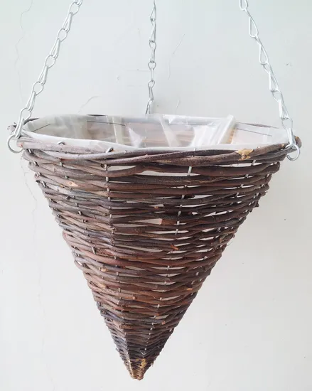 14” Cone Black Rattan Hanging Basket Dark Willow Hanging Cone Basket 