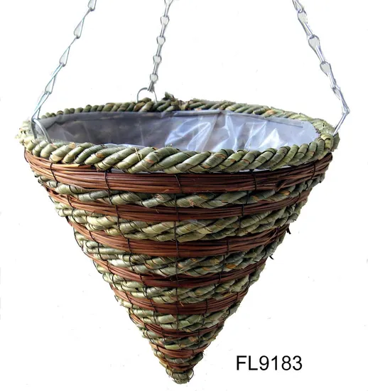 Natural Rustic Garden Wicker Willow Rattan Cone Hanging Basket 